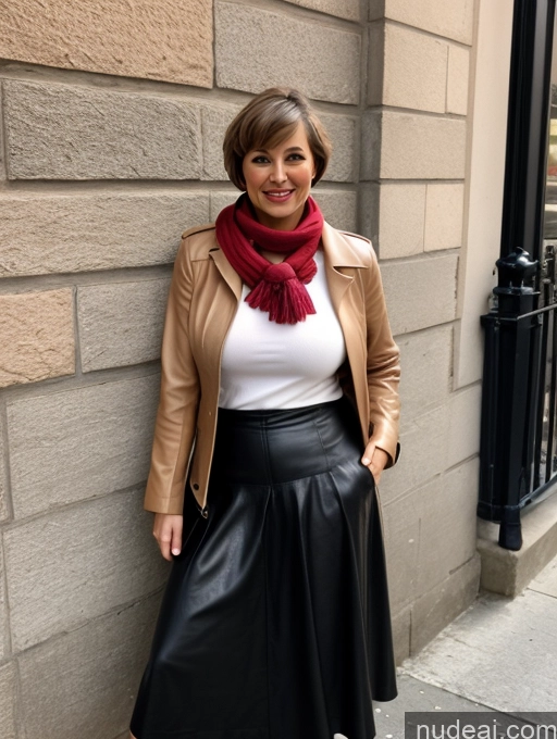 ai nude image of arafed woman in a leather skirt and scarf leaning against a wall pics of Wife Or Girlfriend Busty Big Hips Pubic Hair 50s Happy Brunette Short Hair White Blouse Jacket Leather Long Skirt Scarf