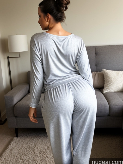 ai nude image of araffe woman in a grey top and pants standing in front of a couch pics of Big Ass Hair Bun Back View Bending Over Pajamas