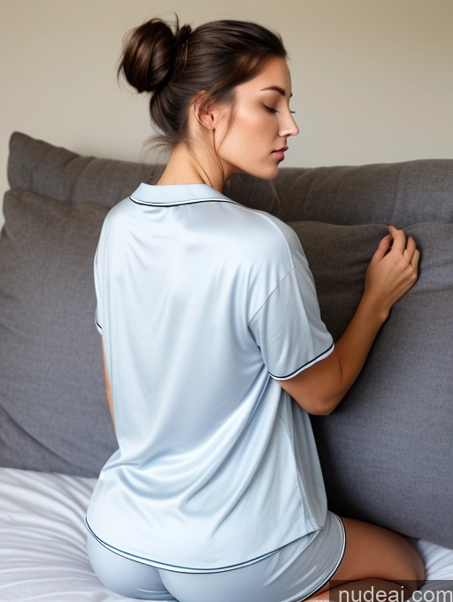 ai nude image of arafed woman sitting on a bed with a pillow in her lap pics of Big Ass Hair Bun Back View Pajamas Sleeping