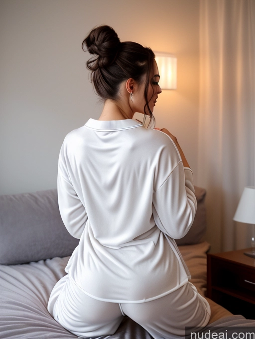 ai nude image of there is a woman sitting on a bed in a white shirt pics of Big Ass Hair Bun Back View Pajamas Cumshot