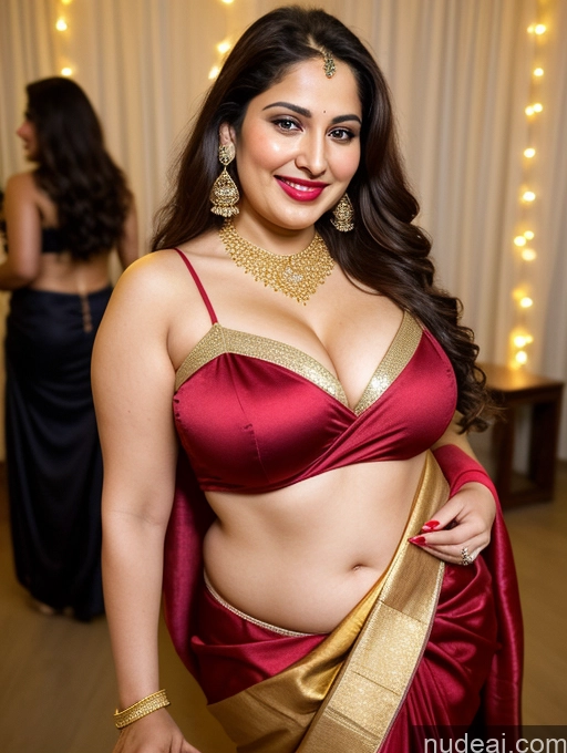 ai nude image of araffe woman in a red and gold sari posing for a picture pics of Milf Busty Beautiful Lipstick Chubby Thick Big Hips Fairer Skin 20s Happy Seductive Brunette Long Hair Russian Party Front View Sari Cleavage Diamond Jewelry Gold Jewelry Bright Lighting Detailed