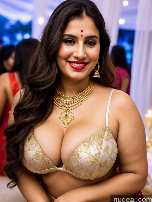 ai nude image of araffe woman in a gold bra top and red sari pics of Milf Busty Beautiful Lipstick Chubby Thick Big Hips Fairer Skin 20s Happy Seductive Brunette Long Hair Russian Party Front View Sari Cleavage Diamond Jewelry Gold Jewelry Bright Lighting Detailed Spreading Legs