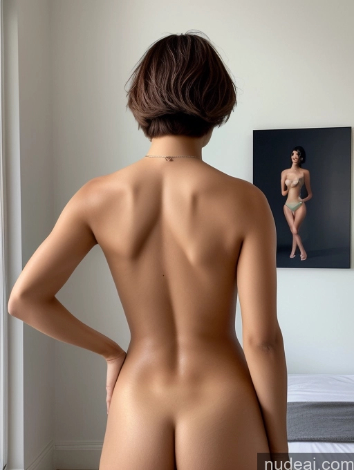 ai nude image of arafed woman in a nude body standing in front of a picture pics of One Small Tits Beautiful Skinny Abs Small Ass Short 20s Happy Laughing Seductive Sexy Face Ginger Short Hair Brazilian Mirror Selfie Nude Bright Lighting Back View