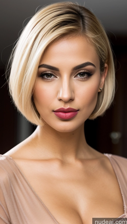 ai nude image of a close up of a woman with a very short blond hair pics of Short Hair Arabic Blonde Blouse One Woman Pouting Lips Bright Lighting Detailed