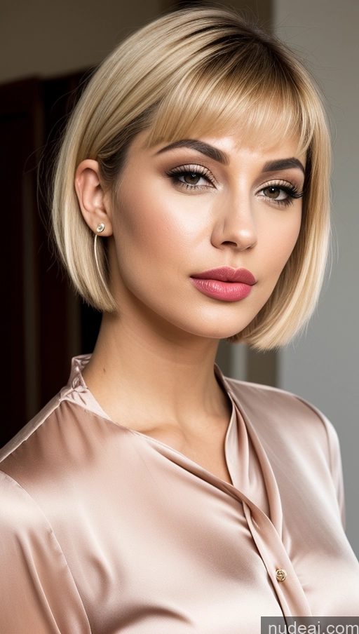 ai nude image of blond woman with short hair and pink lipstick posing for a picture pics of Short Hair Arabic Blonde Blouse One Woman Pouting Lips Bright Lighting Alternative