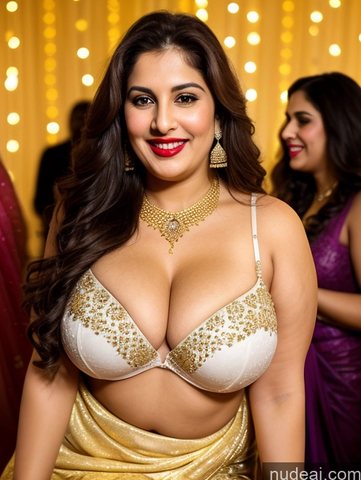 ai nude image of araffe woman in a gold and white dress posing for a picture pics of Milf Busty Beautiful Lipstick Chubby Thick Big Hips Fairer Skin 20s Happy Seductive Brunette Long Hair Party Front View Cleavage Diamond Jewelry Gold Jewelry Bright Lighting Detailed Spreading Legs British Sari