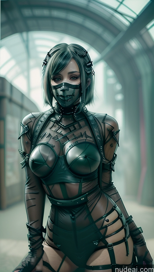 ai nude image of there is a woman in a black and green outfit posing pics of Milf Spread_legs, Pussy, Split_legs Gothic Punk Girl Perfect Boobs Busty Face Mask Dominatrix Green Hair Futuristic POV Focus Sex Transparent