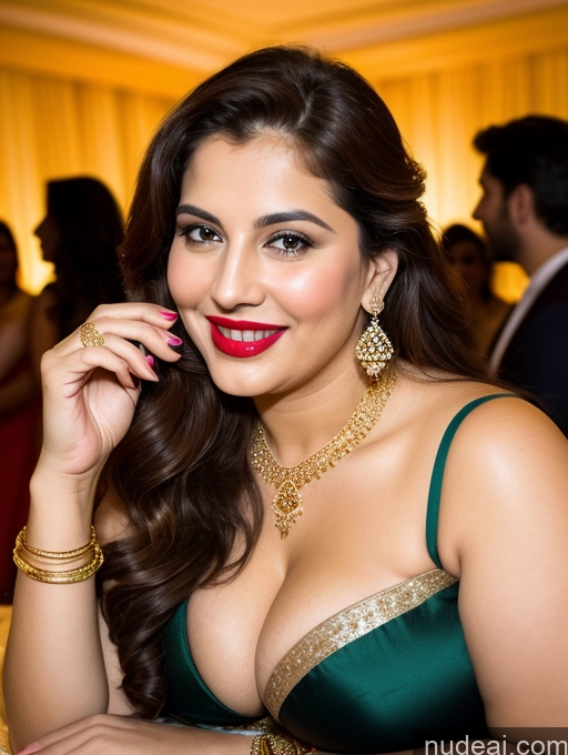 ai nude image of araffe woman in a green dress posing for a picture pics of Milf Busty Beautiful Lipstick Chubby Thick Big Hips 20s Happy Seductive Brunette Long Hair Russian Fairer Skin Party Front View Sari Cleavage Diamond Jewelry Gold Jewelry Bright Lighting Detailed Spreading Legs