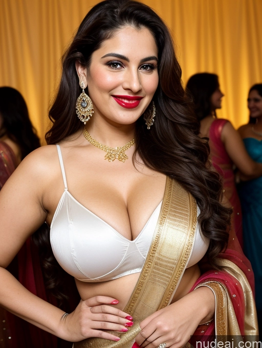 ai nude image of araffed woman in a white bra top and red sari posing for a picture pics of Milf Busty Beautiful Lipstick Chubby Thick Big Hips 20s Happy Seductive Brunette Long Hair Russian Fairer Skin Party Front View Sari Cleavage Diamond Jewelry Gold Jewelry Bright Lighting Detailed Working Out