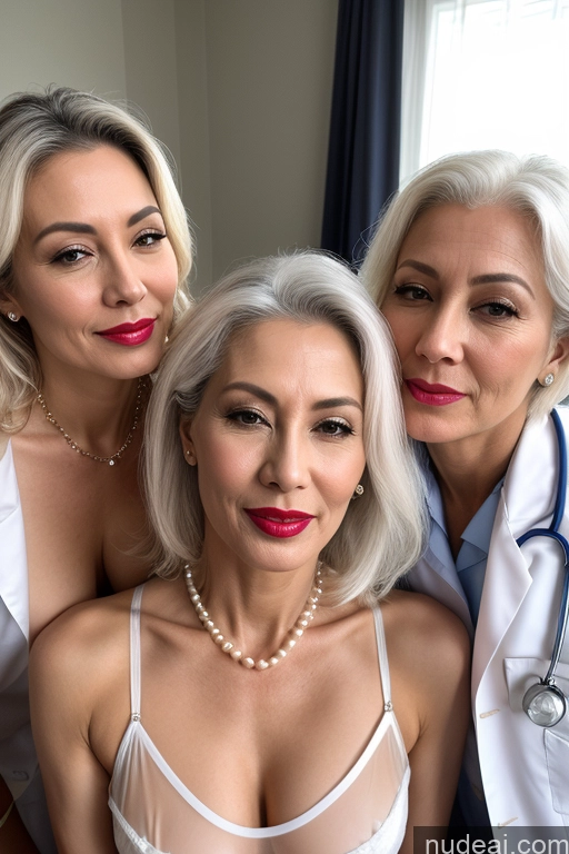 ai nude image of three women in white lab coats posing for a picture pics of Milf Lipstick Chinese Partially Nude Transparent Pearl Jewelry 50s Skinny Cumshot White Hair Doctor Orgasm