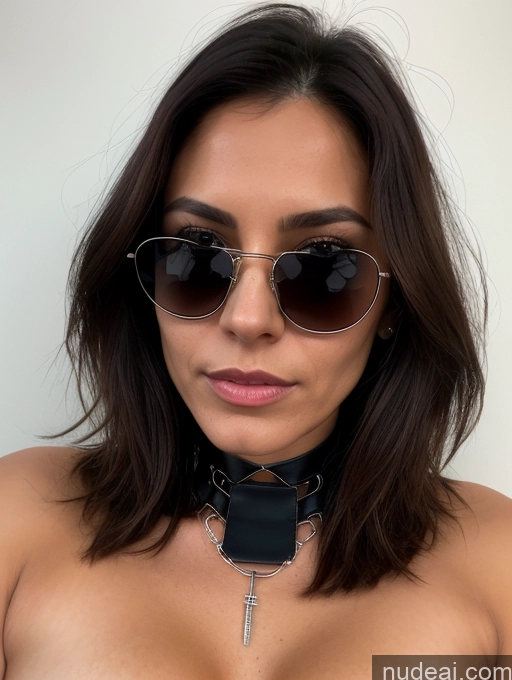 ai nude image of arafed woman with a choke and sunglasses posing for a picture pics of Perfect Boobs Beautiful Perfect Body 40s Sexy Face Seductive Italian Skin Detail (beta) Cleavage Dark Lighting Detailed Trench Coat Leather Partially Nude Topless Sunglasses Pubic Hair Brunette Cyborg Choker Sad