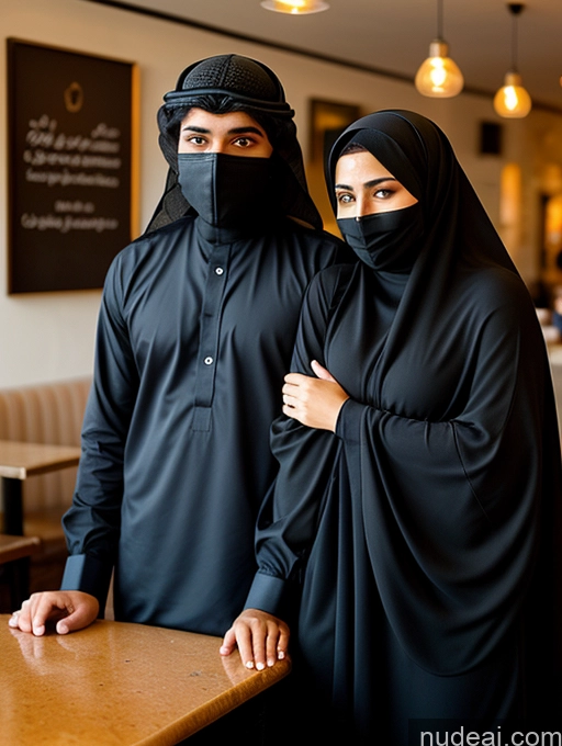 related ai porn images free for Woman + Man 18 Sad Black Hair Messy Arabic Cafe Front View Niqab Small Tits