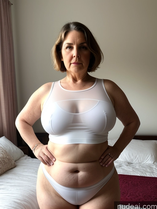 ai nude image of there is a woman in a white bra top standing on a bed pics of Milf Small Tits Short Chubby Big Ass Big Hips Fairer Skin Pubic Hair Brunette Serious Bobcut Hungarian Soft + Warm Detailed 80s Transparent Bedroom Crop Top