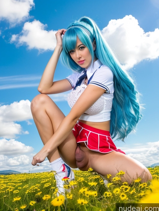 ai nude image of arafed woman with blue hair and a white shirt posing in a field of flowers pics of Woman One Huge Boobs Long Legs Skinny Big Ass Big Hips Trans Girl With Erect Penis 30s Blue Hair Slicked White Crisp Anime Meadow Micro Skirt Cosplay