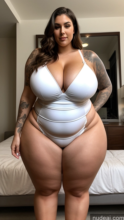 ai nude image of araffe woman in a white bodysuit standing in a bedroom pics of Lingerie Model Busty Huge Boobs Tattoos Big Ass Thick Chubby Big Hips Long Legs Tall Perfect Body Bikini Cleavage Front View White Fairer Skin 20s Perfect Boobs Beautiful