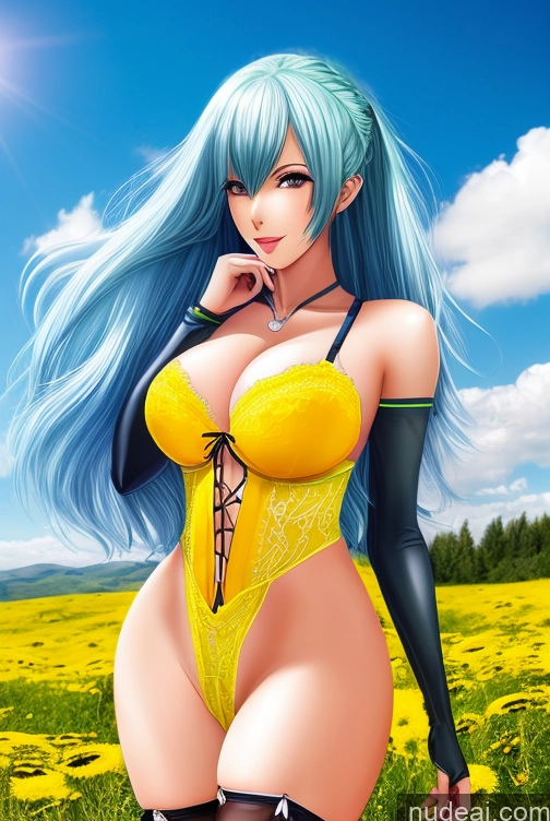 ai nude image of a cartoon picture of a woman with blue hair and a yellow dress pics of Woman One Huge Boobs Long Legs Big Ass Big Hips Trans Girl With Erect Penis 30s Blue Hair Slicked White Crisp Anime Meadow Sexy Face Detailed Cosplay Lingerie