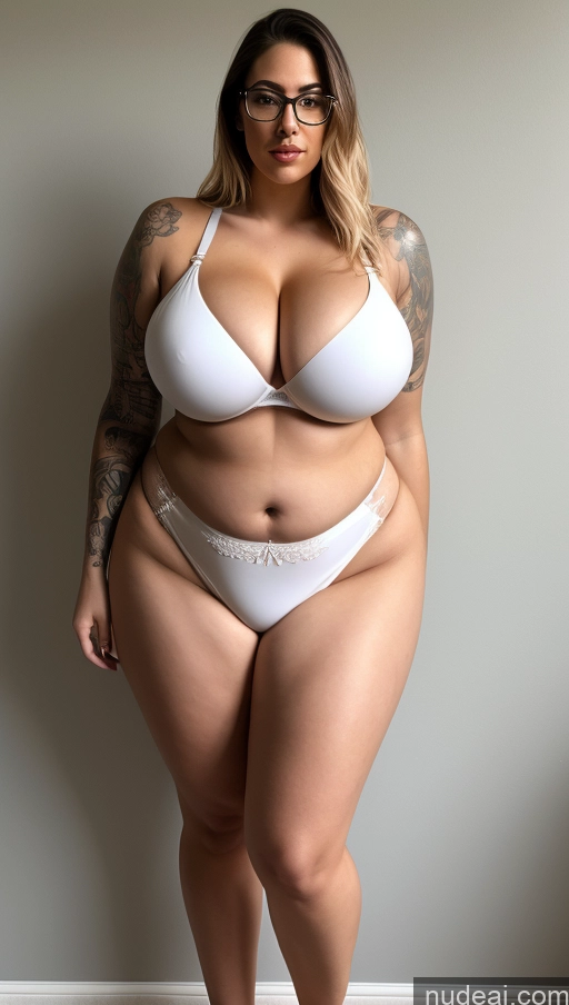 ai nude image of arafed woman in a white bikini and glasses posing for a picture pics of Lingerie Model Busty Huge Boobs Tattoos Big Ass Thick Chubby Big Hips Long Legs Tall Perfect Body Bikini Front View White Fairer Skin 20s Perfect Boobs Beautiful Underwear Glasses