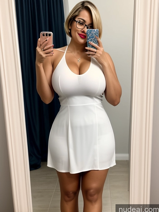 ai nude image of araffe woman taking a selfie in a white dress pics of One Huge Boobs Glasses Lipstick Big Ass Thick Fat Big Hips Short Orgasm Blonde Short Hair Latina Mirror Selfie Bathroom Dress 50s Miss Universe Model