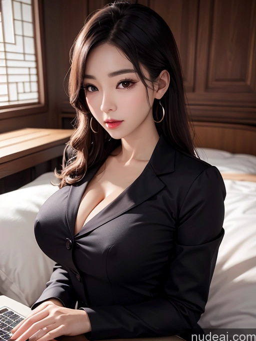 ai nude image of araffe woman in a black dress sitting on a bed with a laptop pics of Korean Perfect Boobs Secretary