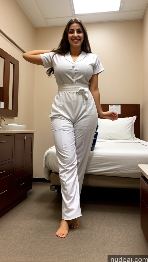 ai nude image of arafed woman in white jumpsuit standing in a room with a bed pics of Perfect Boobs Beautiful Big Ass 20s Happy Athlete Hospital T-pose Long Hair Maid Ottoman Asena