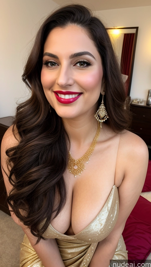 ai nude image of araffed woman in a gold dress posing for a picture pics of Milf Busty Beautiful Lipstick Chubby Thick Big Hips Fairer Skin 20s Happy Seductive Brunette Long Hair Russian Party Front View Sari Cleavage Partially Nude Gold Jewelry Diamond Jewelry Bright Lighting Detailed