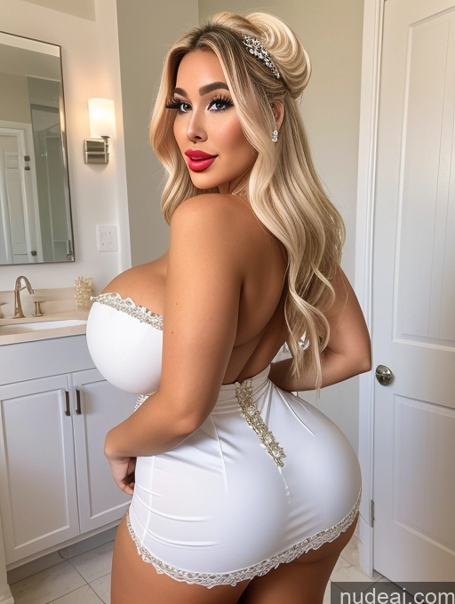 ai nude image of araffed woman in a white dress posing in a bathroom pics of Bimbo Busty Huge Boobs Glasses Big Ass Lipstick Thick Chubby Big Hips Short 18 Blonde Latina Bathroom Long Hair Wedding