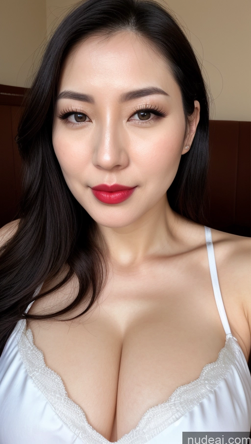 ai nude image of arafed woman with a white bra top and red lipstick pics of Woman One Huge Boobs Beautiful Lipstick Fairer Skin 30s Black Hair Slicked Korean Simple Detailed Close-up View Nightgown