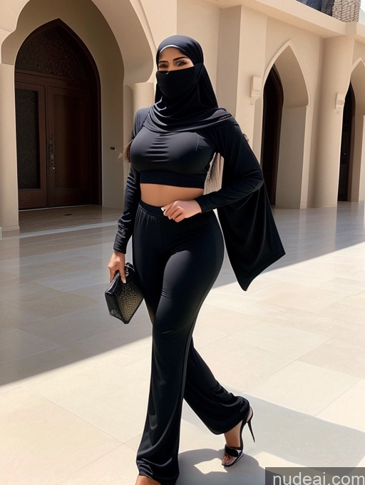 ai nude image of woman in black outfit walking in front of a building with a black purse pics of Busty Perfect Boobs Beautiful Abs Perfect Body Arabic Niqab Athlete Soft + Warm Jumpsuit