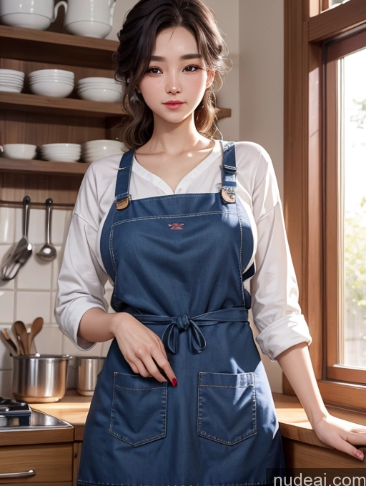 ai nude image of arafed woman in a blue apron standing in a kitchen pics of Korean Perfect Boobs Casual Apron