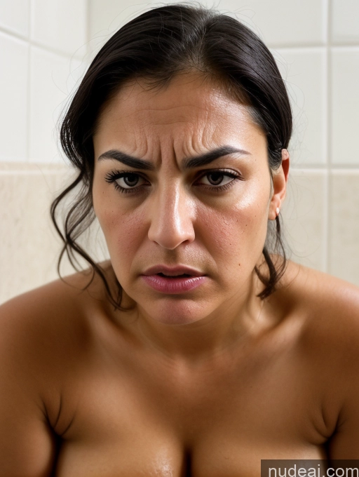 ai nude image of arafed woman with a very large breast in a bathroom pics of Close-up View Seductive Serious Sad Sexy Face Angry Busty Perfect Boobs Tanned Skin Thick 40s Black Hair Bobcut Bathroom Jewish Nude Sorority