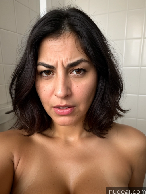 ai nude image of arafed woman with a very big breast in a bathroom pics of Close-up View Seductive Serious Sad Sexy Face Angry Busty Perfect Boobs Tanned Skin Thick 40s Black Hair Bobcut Bathroom Jewish Nude Sorority Laughing