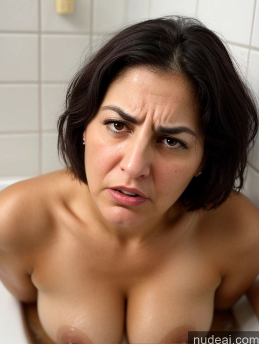 ai nude image of arafed woman in a bathtub with a very big breast pics of Close-up View Seductive Serious Sad Sexy Face Busty Perfect Boobs Tanned Skin Thick 40s Black Hair Bobcut Bathroom Jewish Nude Sorority Laughing Bending Over Pubic Hair Angry