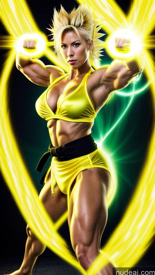 ai nude image of a woman in yellow outfit posing with a glowing heart pics of Japanese Abs Powering Up Super Saiyan Martial Arts Busty Small Tits Neon Lights Clothes: Yellow Bodybuilder