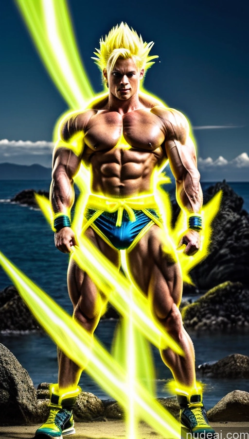 ai nude image of a man with a yellow light on his chest and a blue bikini pics of Japanese Abs Powering Up Super Saiyan Busty Small Tits Neon Lights Clothes: Yellow Bodybuilder