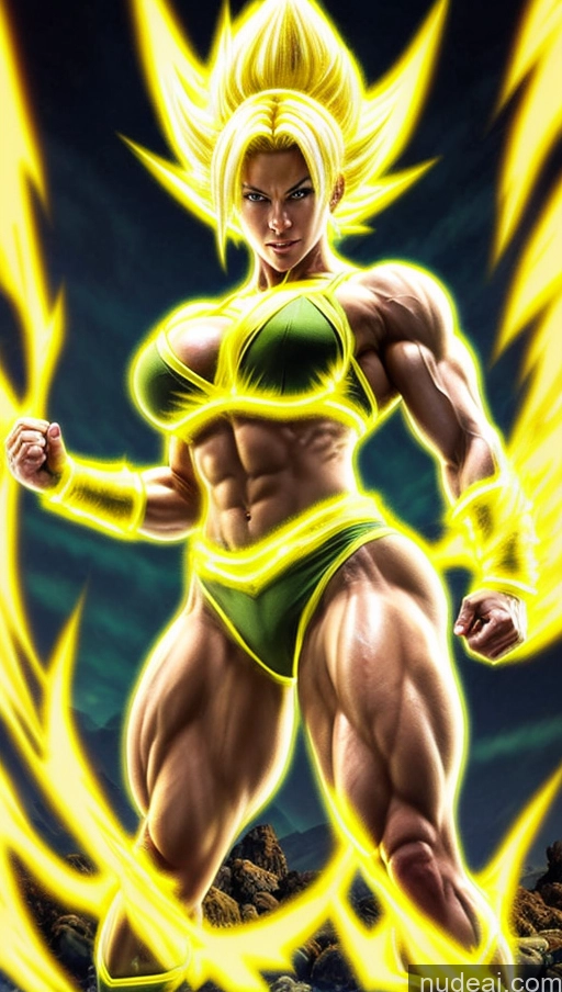 ai nude image of a cartoon image of a woman with a very big body pics of Japanese Abs Powering Up Super Saiyan Busty Small Tits Neon Lights Clothes: Yellow Bodybuilder