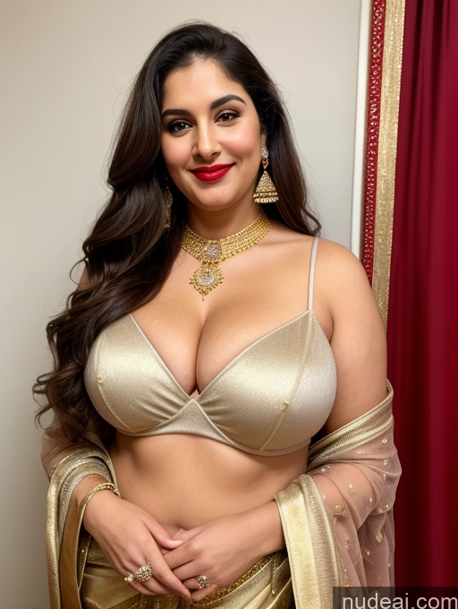 ai nude image of araffed woman in a gold sari posing for a picture pics of Milf Busty Beautiful Lipstick Chubby Thick Big Hips Fairer Skin 20s Happy Seductive Brunette Long Hair Russian Party Front View T-pose Sari Cleavage Diamond Jewelry Gold Jewelry Bright Lighting Detailed