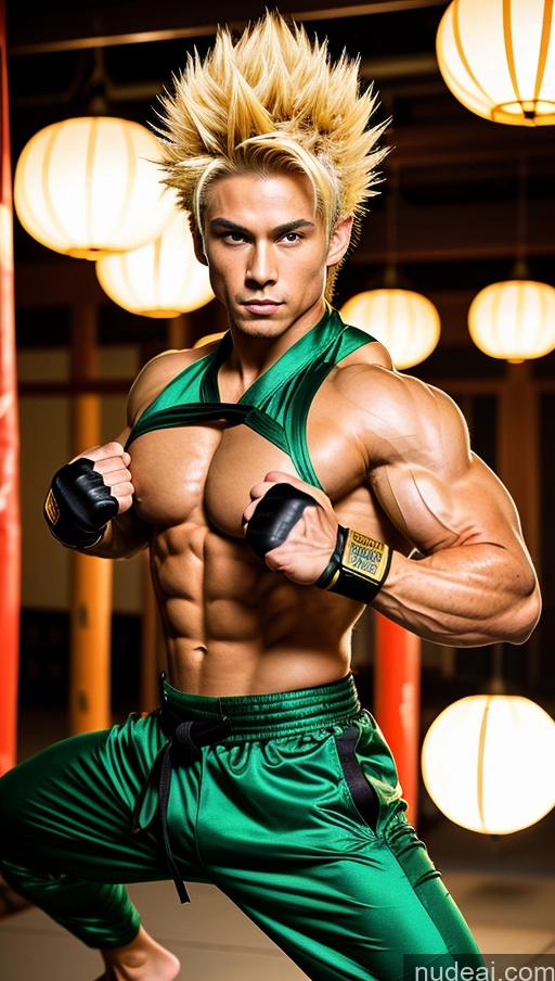 ai nude image of arafed male in green outfit posing in a gym pics of Abs Powering Up Super Saiyan Bodybuilder Martial Arts Japanese Perfect Boobs