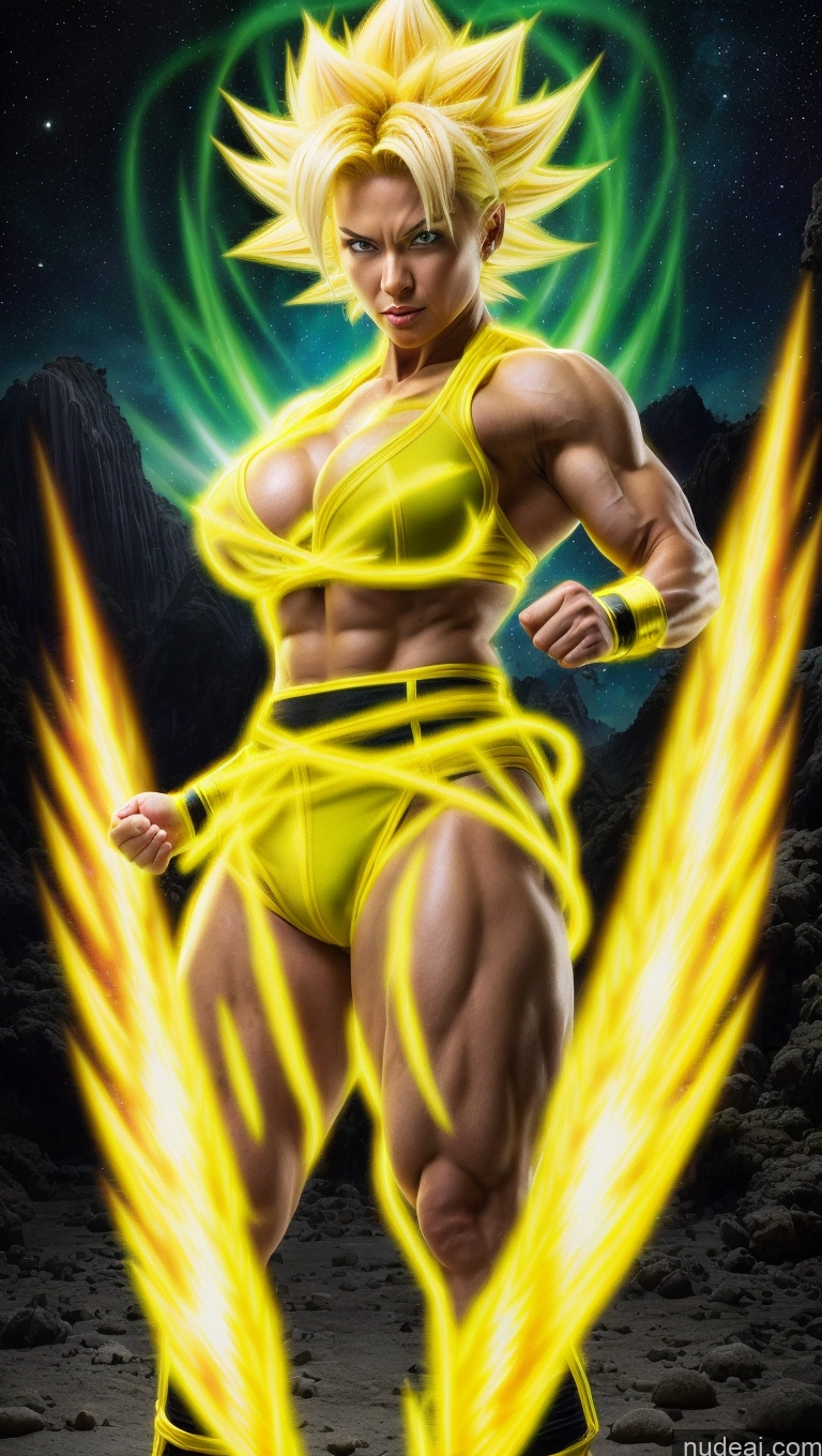 ai nude image of a close up of a person in a yellow outfit with a yellow ring pics of Super Saiyan Japanese Busty Small Tits Bodybuilder Powering Up Martial Arts Space Neon Lights Clothes: Yellow