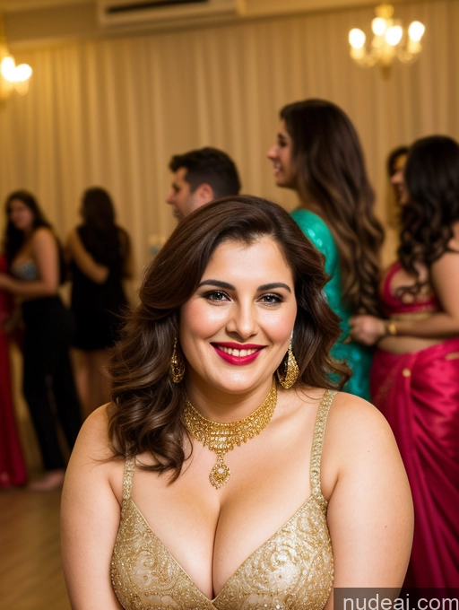 ai nude image of there is a woman in a gold dress posing for a picture pics of Milf Busty Beautiful Chubby Thick Big Hips Fairer Skin 20s Happy Seductive Brunette Long Hair Russian Front View T-pose Sari Cleavage Diamond Jewelry Gold Jewelry Bright Lighting Detailed Lipstick Party