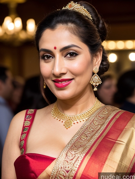 ai nude image of araffe woman in a red and gold sari posing for a picture pics of Milf Busty Beautiful Lipstick Thick Chubby Big Hips Fairer Skin 50s Happy Seductive Ginger Indian Skin Detail (beta) Party Front View T-pose Sari Diamond Jewelry Gold Jewelry Jewelry Bright Lighting Detailed Hair Bun