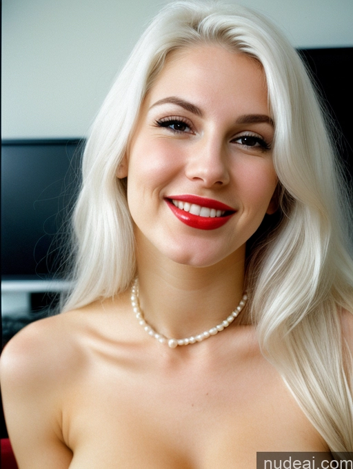 ai nude image of blond woman with a pearl necklace and red lipstick posing for a picture pics of Huge Boobs Nude Lipstick Skinny Fairer Skin Long Hair Sexy Face Big Ass Beautiful Pearl Jewelry Eating Alternative Office 18 Happy Film Photo Russian White Hair Woman Close-up View