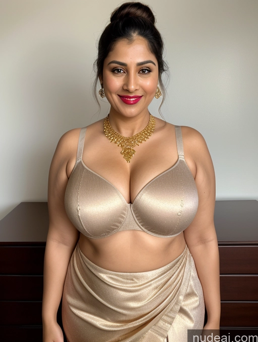 ai nude image of araffe woman in a gold dress posing for a picture pics of Milf Busty Beautiful Lipstick Thick Chubby Big Hips 50s Happy Seductive Ginger Indian Skin Detail (beta) Front View T-pose Diamond Jewelry Gold Jewelry Bright Lighting Detailed Hair Bun Satin Sari Bra