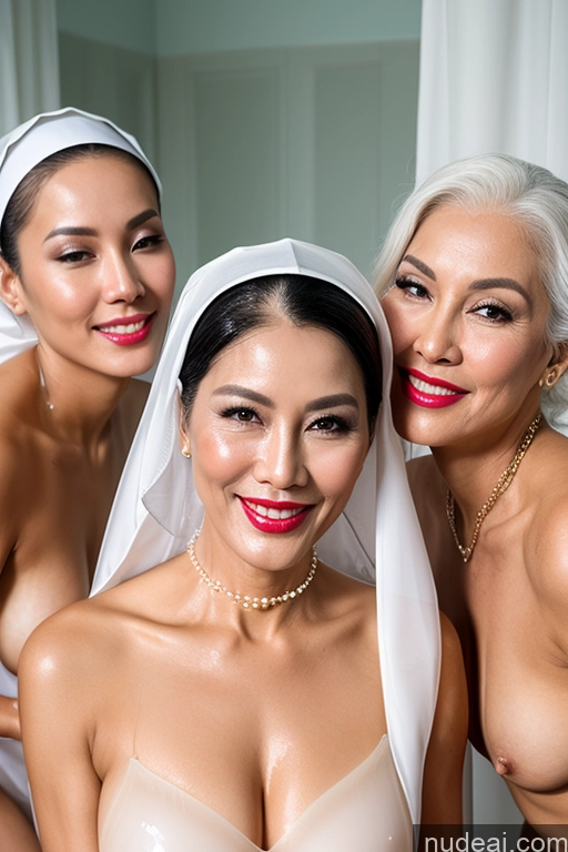 ai nude image of three women in wedding dresses posing for a picture with a veil pics of Miss Universe Model Lipstick Oiled Body 60s White Hair Vietnamese Cumshot Pearl Jewelry Transparent Partially Nude Nun Laughing