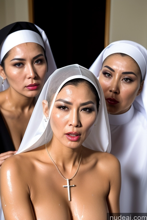 ai nude image of three women in white robes are posing for a picture pics of Miss Universe Model Lipstick Oiled Body 60s White Hair Cumshot Pearl Jewelry Transparent Partially Nude Nun Chinese Angry