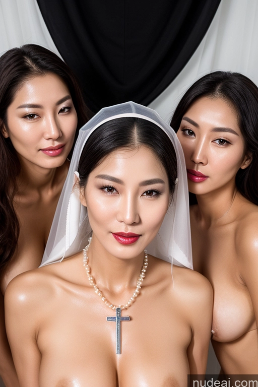 ai nude image of three women in wedding attire posing for a picture with a cross pics of Miss Universe Model Lipstick Oiled Body Cumshot Pearl Jewelry Transparent Partially Nude Nun Korean 70s Seductive