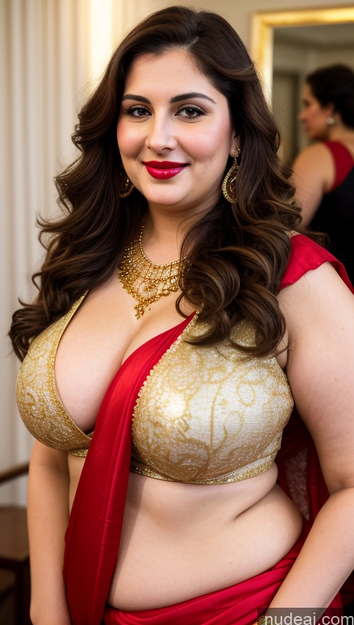 ai nude image of araffe woman in a red sari posing for a picture pics of Milf Busty Beautiful Lipstick Chubby Thick Big Hips Fat 20s Happy Seductive Brunette Long Hair Russian Front View Sari Cleavage Gold Jewelry Bright Lighting Detailed Fairer Skin Party