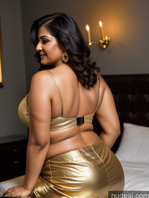 ai nude image of there is a woman in a gold dress sitting on a bed pics of Busty Fat Black Hair Indian 3d Bedroom Leather Sari Cleavage Gold Jewelry Jewelry Chubby Thick 40s Dark Lighting Sexy Face Laughing Back View Slicked Miss Universe Model