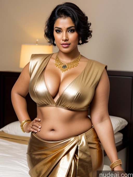 ai nude image of araffe woman in a gold dress posing on a bed pics of Busty Fat Black Hair Indian 3d Bedroom Leather Sari Cleavage Gold Jewelry Jewelry Chubby Thick 40s Dark Lighting Sexy Face Miss Universe Model Front View Pixie