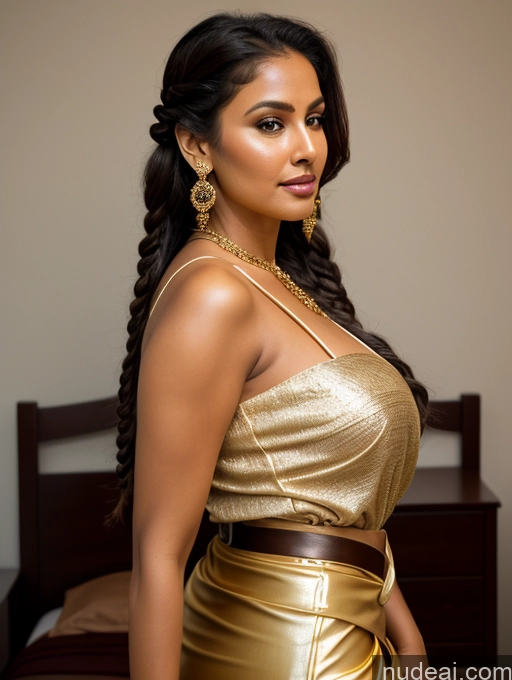 ai nude image of there is a woman in a gold dress posing for a picture pics of Miss Universe Model One Perfect Boobs Big Ass Thick Chubby Fat Big Hips Long Legs 40s Black Hair Braided Indian 3d Bedroom Front View Bending Over Blouse Leather Cleavage Gold Jewelry Jewelry Sari Satin Sexy Face