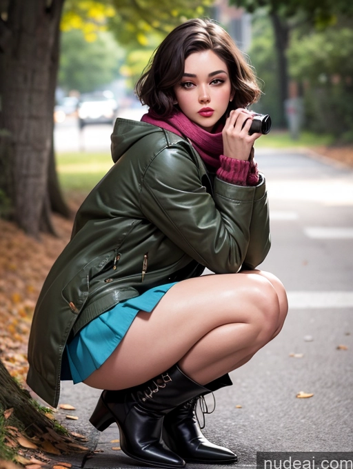 ai nude image of woman in green jacket and blue skirt squatting down on the street pics of Big Ass Thick Chubby Big Hips Long Legs Lipstick Short Hair Vintage Side View Pouting Lips Boots Parka 60s Scarf Beer British Brunette 20s Woman High Heels Micro Skirt